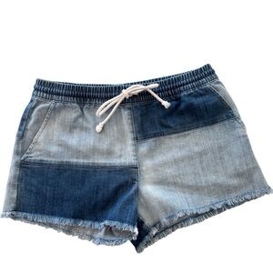 Aerie Denim Jean Shorts Pull On Patchwork Small Summer Elastic Waist Drawstring